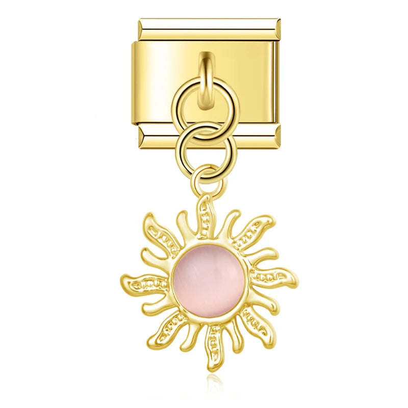 Golden Sun with Pink Resin Gem - Gold Pendant Charm
