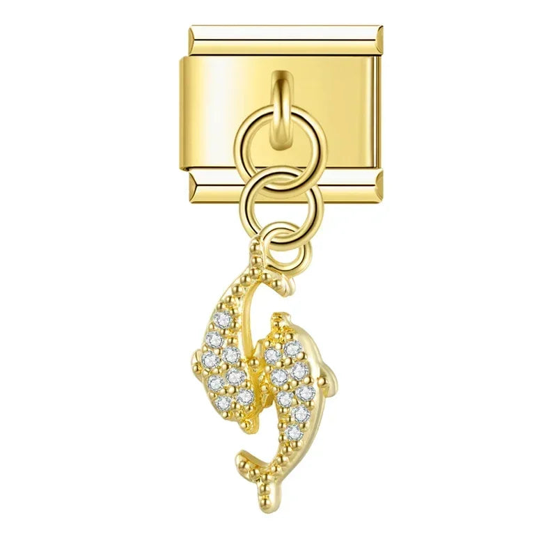 Twin Dolphins with CZ - Gold Pendant Charm